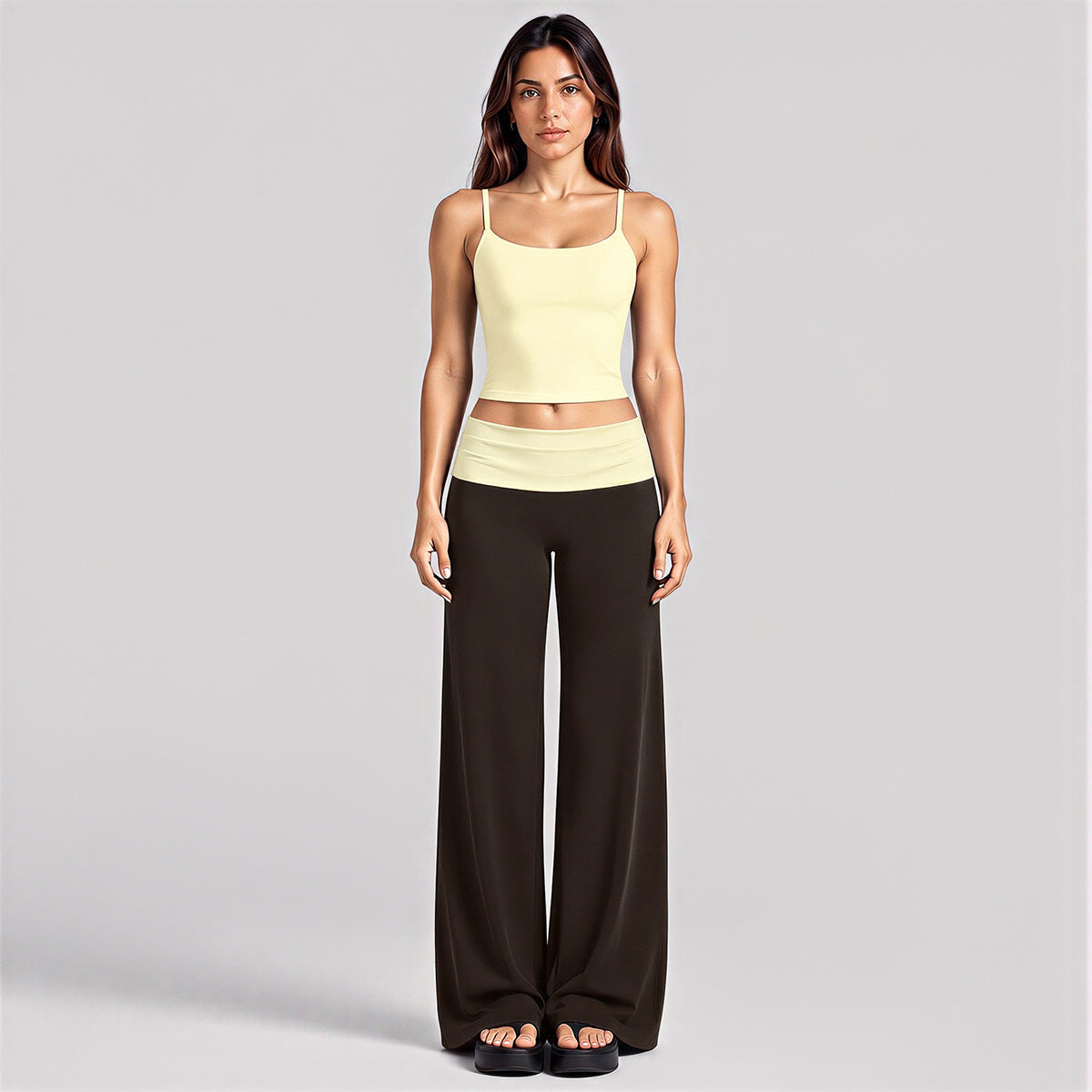Wholesale Women’s Activewear Set | Backless Sports Tank & Color-Block High-Waisted Yoga Leggings | fouregg - Tank Top + Long Pants, Cream Yellow