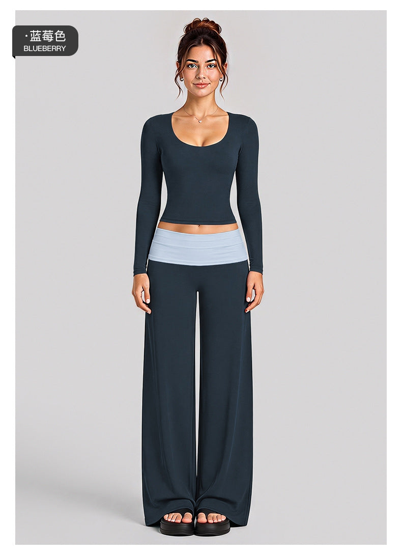 Wholesale Women’s Activewear Set | Color-Block Long Sleeve Tee & High-Waisted Training Pants | fouregg