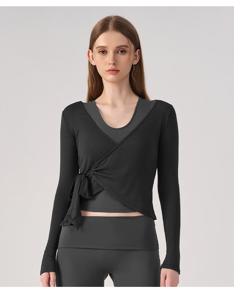 Wholesale Women’s Wrap Yoga Top | Thin Long-Sleeve Crossover Cardigan for Pilates & Activewear | fouregg