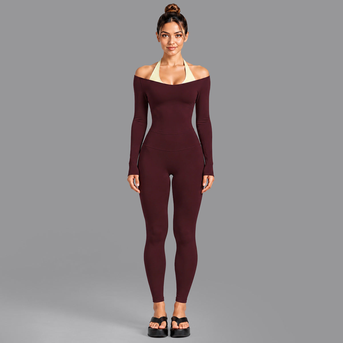 Wholesale Women’s Activewear Set | Double-Layer Halter Sports Top & Breathable Fitness Leggings | fouregg - 6278 Long Sleeve + 1352 Leggings Ankara Red