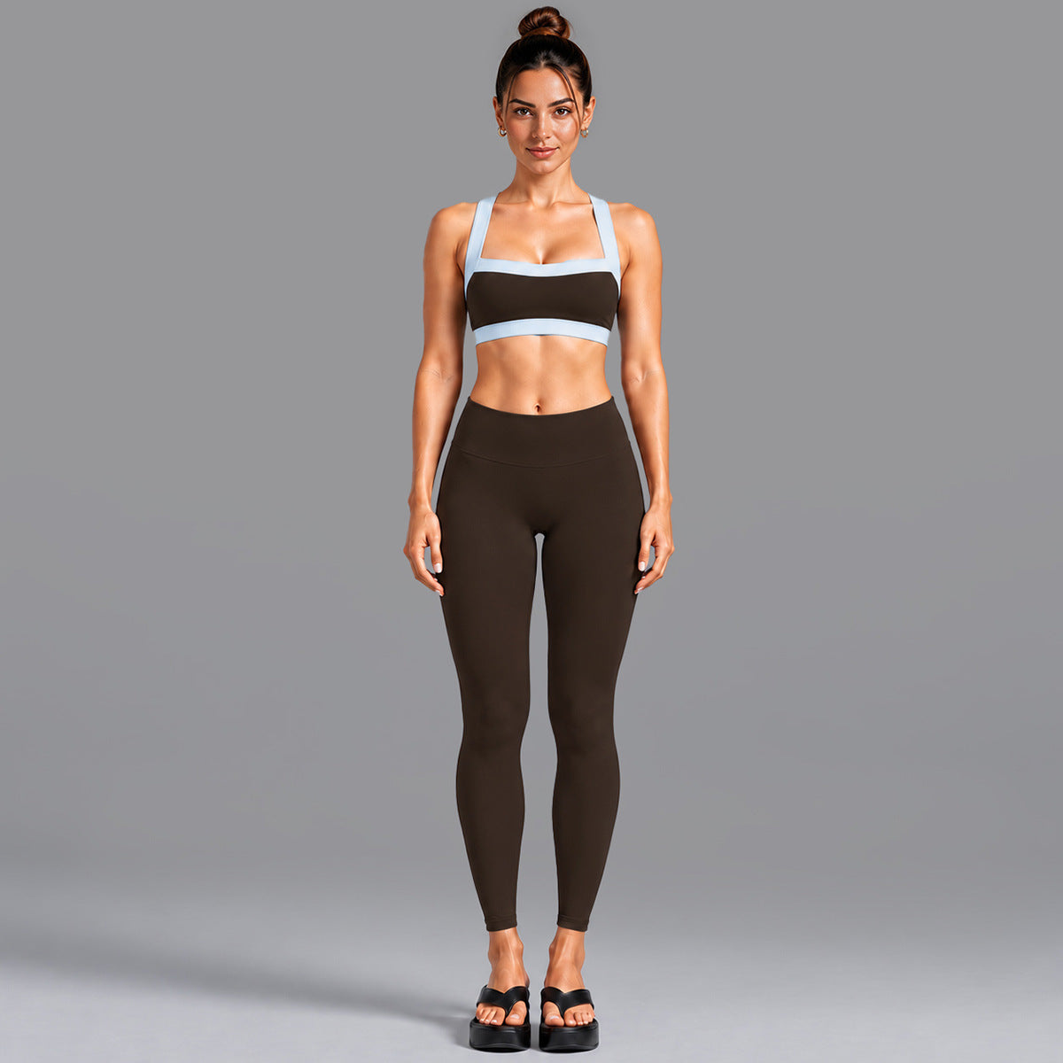 Wholesale Women’s Activewear Set | Contrast-Color Yoga Bra & Pilates Fitness Pants | fouregg - 6231 Underwear + 1352 Long Pants Root Brown