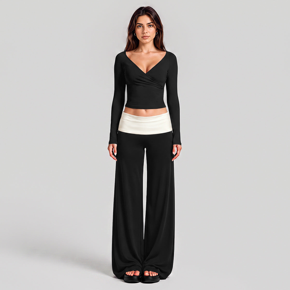 Wholesale Women’s Activewear Set | Quick-Dry Long Sleeve Off-Shoulder Top & High-Waisted Workout Pants | fouregg - Long Sleeve + Pants, Black
