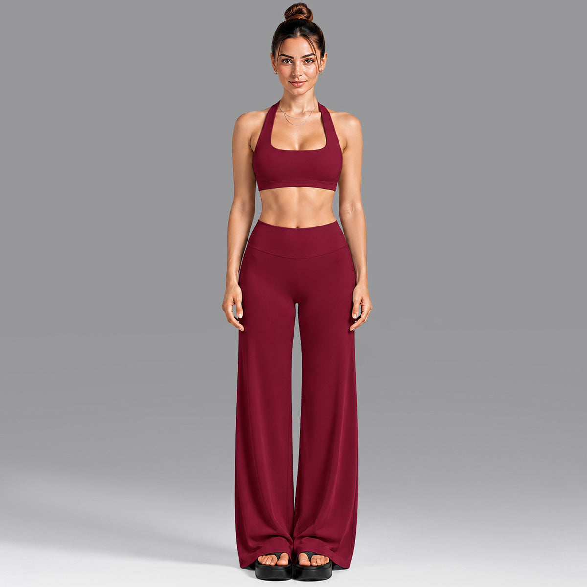 Wholesale Women’s Summer Activewear Set | Built-In Cup Halter Bra & Open-Back Pilates Outfit | fouregg - Underwear + Pants Rumba Red