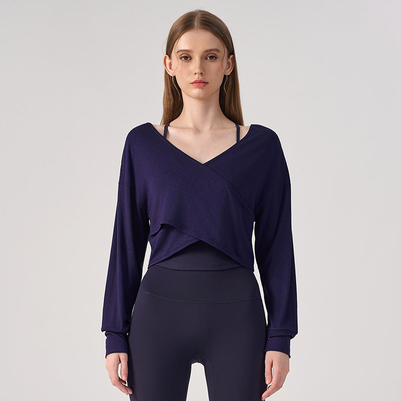 Wholesale Women’s Crossover Yoga Cardigan | Premium Lightweight Loose-Fit Activewear Jacket | fouregg - Navy Blue