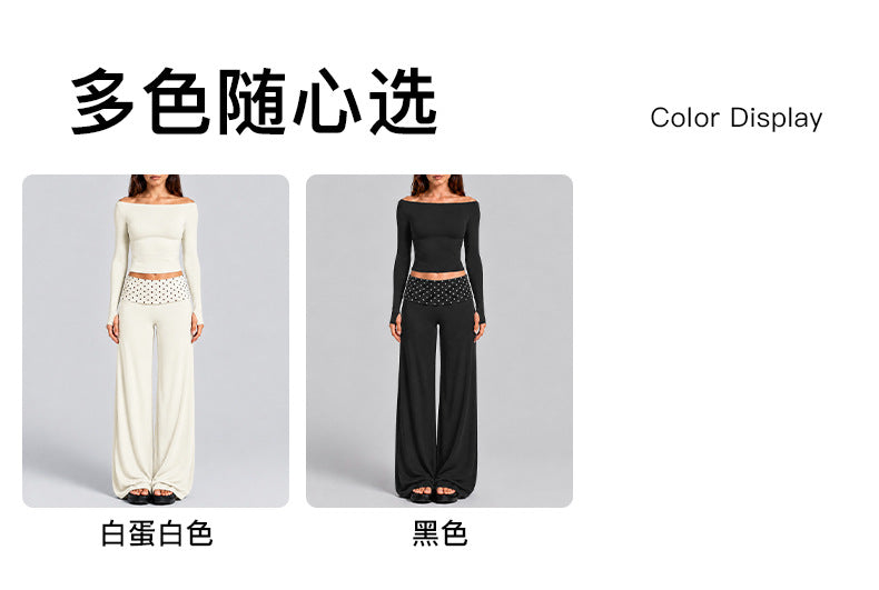 Wholesale Women’s Activewear Set | Slim-Fit Off-Shoulder Tee & Contrast Polka Dot Straight-Leg Pants | fouregg