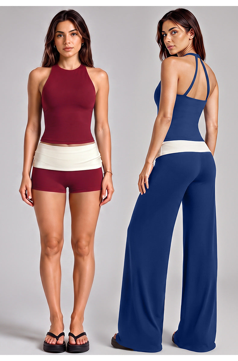 Wholesale Women’s Activewear Set | Color-Block Halter Sports Top & High-Waisted Workout Pants | fouregg