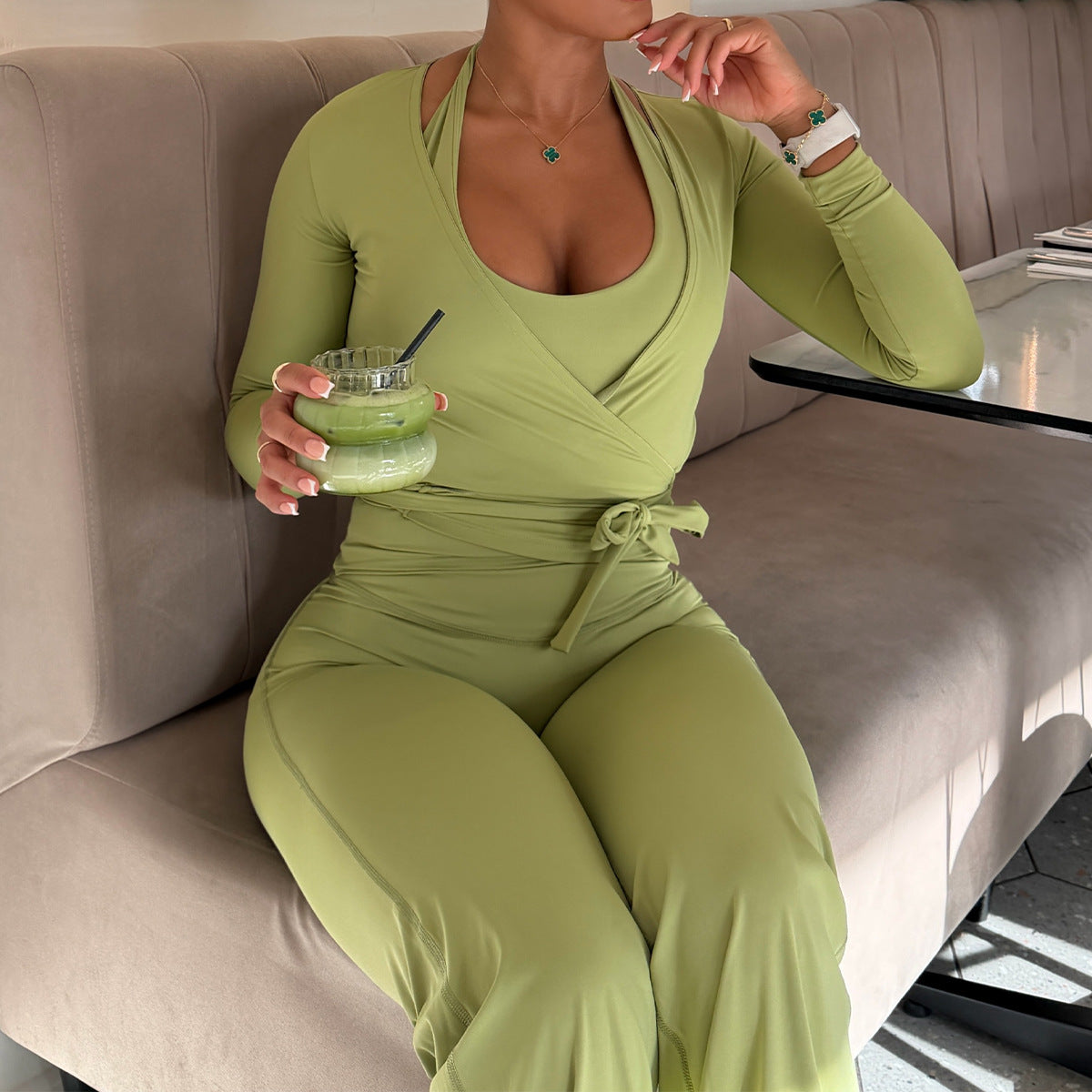 Wholesale Women’s Activewear Jumpsuit | Backless Quick-Dry Halter Flared Workout One-Piece | fouregg - 6277 Long Sleeve + Jumpsuit Matcha Green