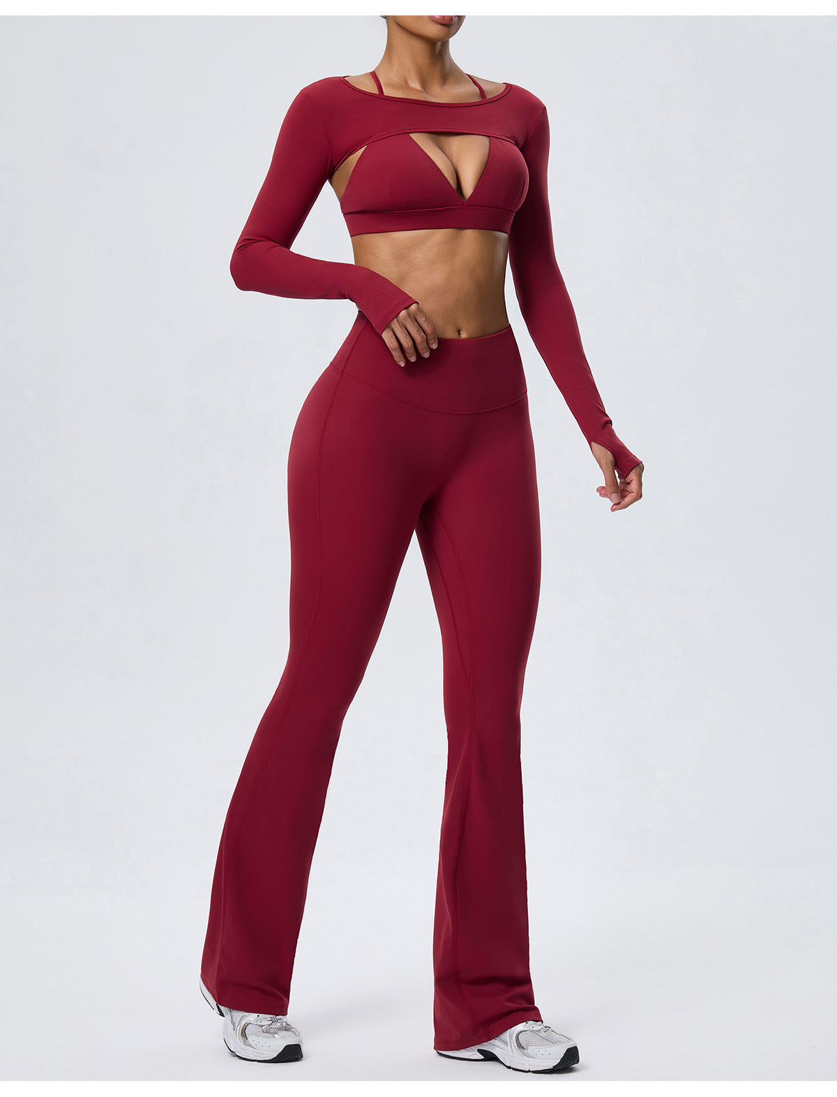 Wholesale Nude-Feel Activewear Set | Double-Brushed Bra, Butt-Lift Flare Pants & Cover-Up | fouregg