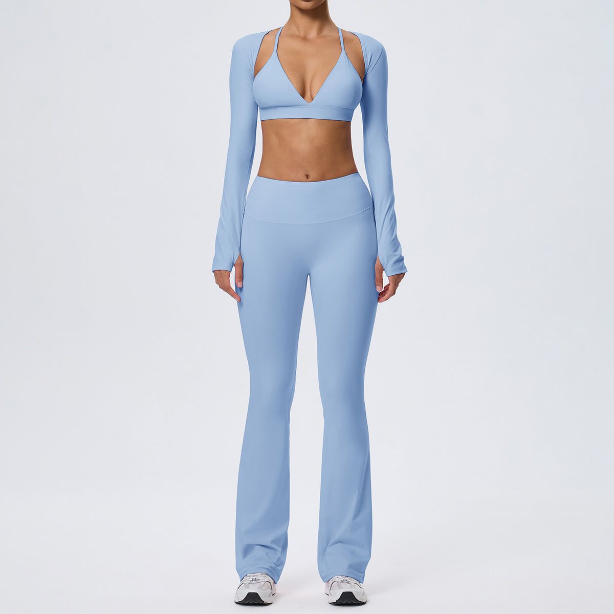 Wholesale Women’s Double-Brushed Yoga Set | Bulk 3-Piece Sculpting Fitness & Running Wear | fouregg - Misty Island Blue