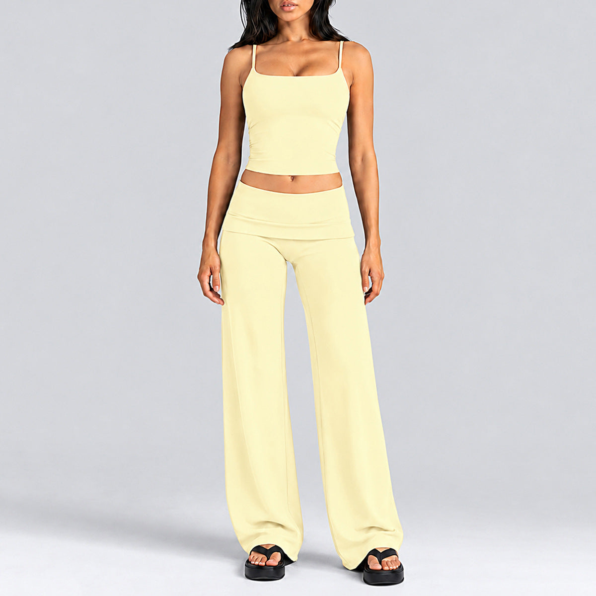 Wholesale Women’s Activewear Set | Quick-Dry Backless Tank Top & Slimming High-Waisted Workout Pants | fouregg - Tank Top + Straight-Leg Pants, Cream Yellow