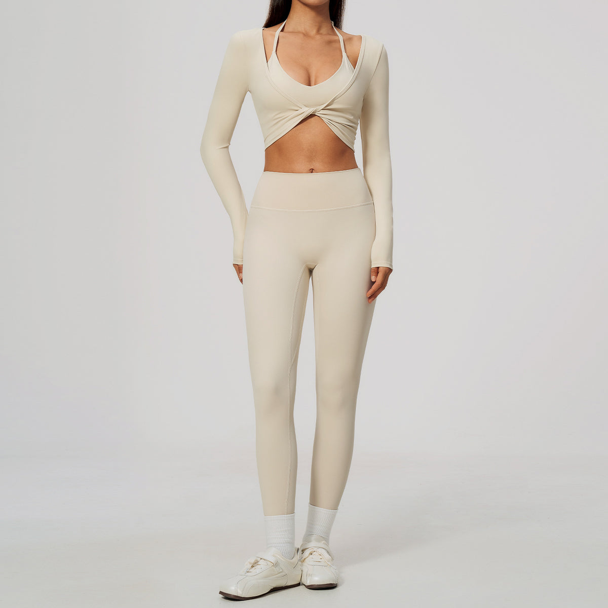Wholesale Women’s Brushed Activewear Set 5529 | Slim-Fit Halter, Stand-Collar Jacket & Sculpting Pants | fouregg - 5529 Bra + 8519 Pants + 5529-1 Long Sleeve, Oatmeal Beige