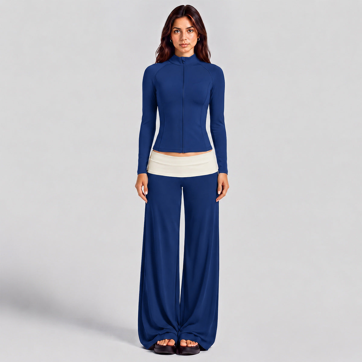 Wholesale Women’s Activewear Set | High-Neck Workout Jacket & Color-Block Yoga Leggings | fouregg - Dark Blue