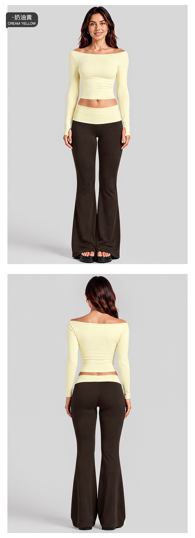 Wholesale Women’s Activewear Set | Quick-Dry Long Sleeve Off-Shoulder Top & High-Waisted Workout Pants | fouregg