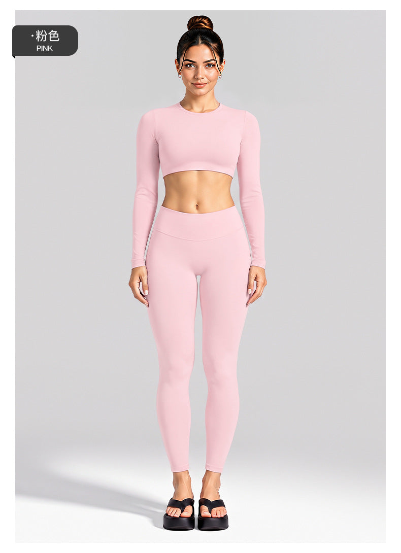 Wholesale Women’s Activewear Set | Cutout Back Long Sleeve Tee & High-Waisted Loose Pants | fouregg