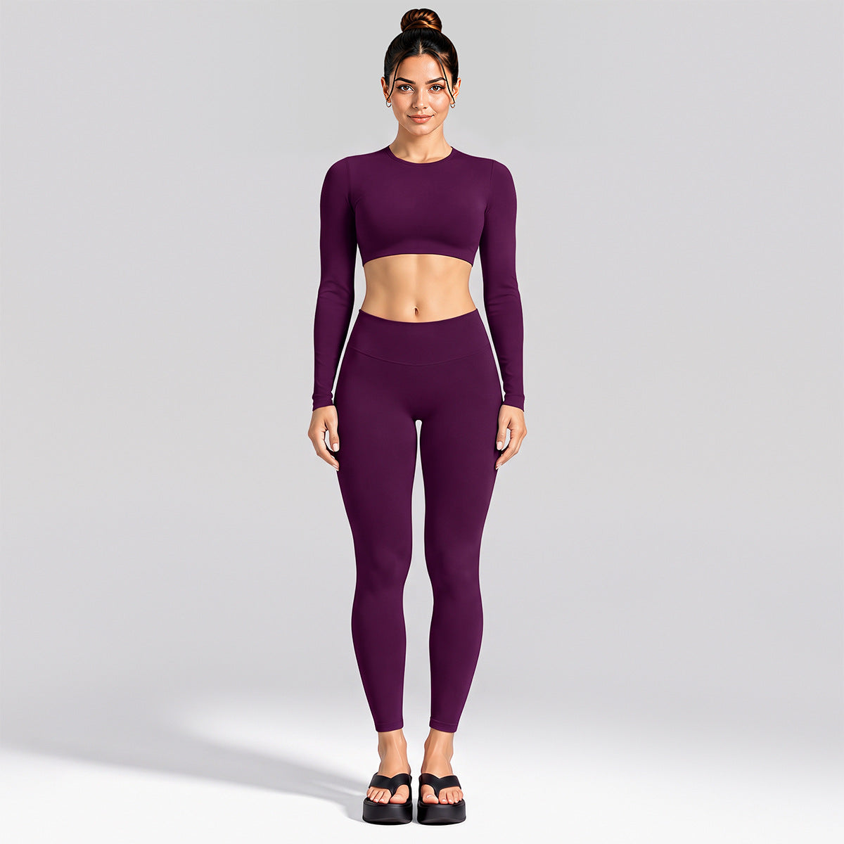 Wholesale Women’s Activewear Set | Cutout Back Long Sleeve Tee & High-Waisted Loose Pants | fouregg - Long Sleeve + Leggings Dark Purple