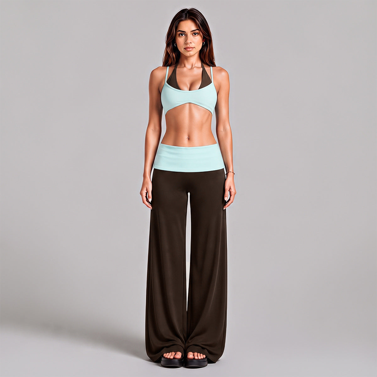 Wholesale Women’s Activewear Set | Backless Halter Bra & Color-Block High-Waisted Yoga Pants | fouregg - Underwear + Long Pants, Light Blue