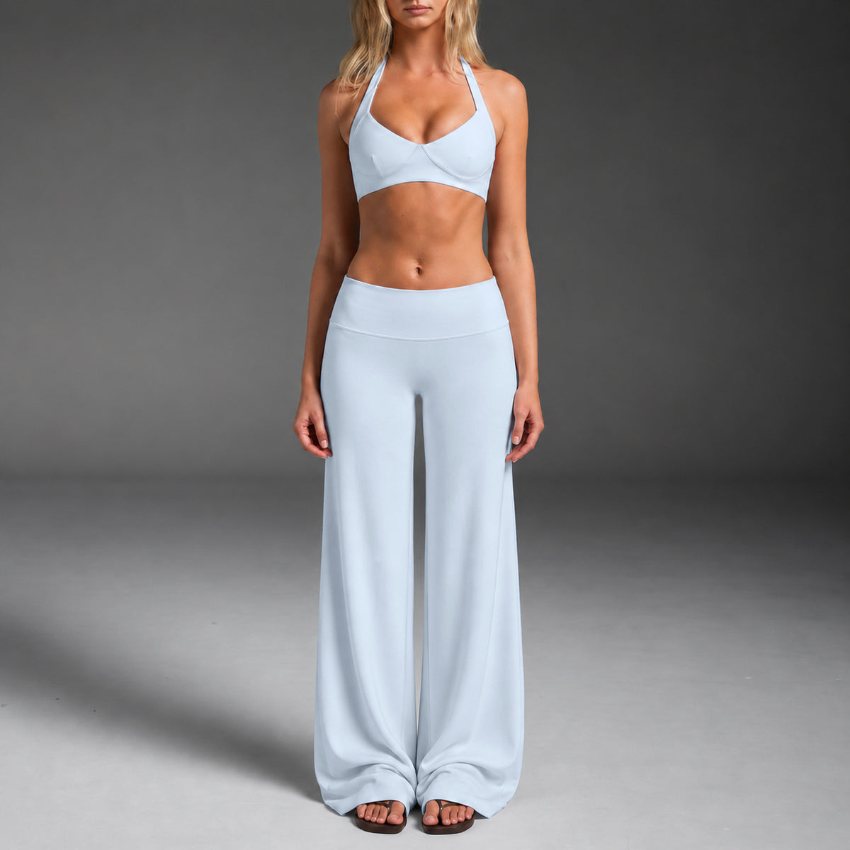Wholesale Women’s Activewear Set | Backless Quick-Dry Tank Top for Running & Pilates | fouregg - Underwear + Long Pants Misty Blue