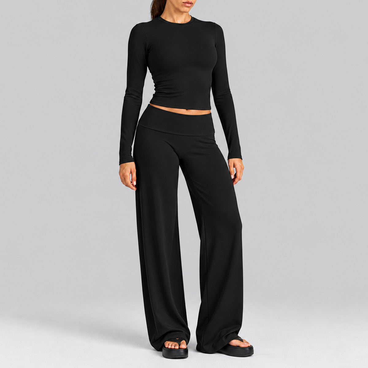 Wholesale Women’s Activewear Set | Fitted Long Sleeve Tee & Loose-Fit Foldover Waist Workout Pants | fouregg - Long Sleeve + Long Pants, Black
