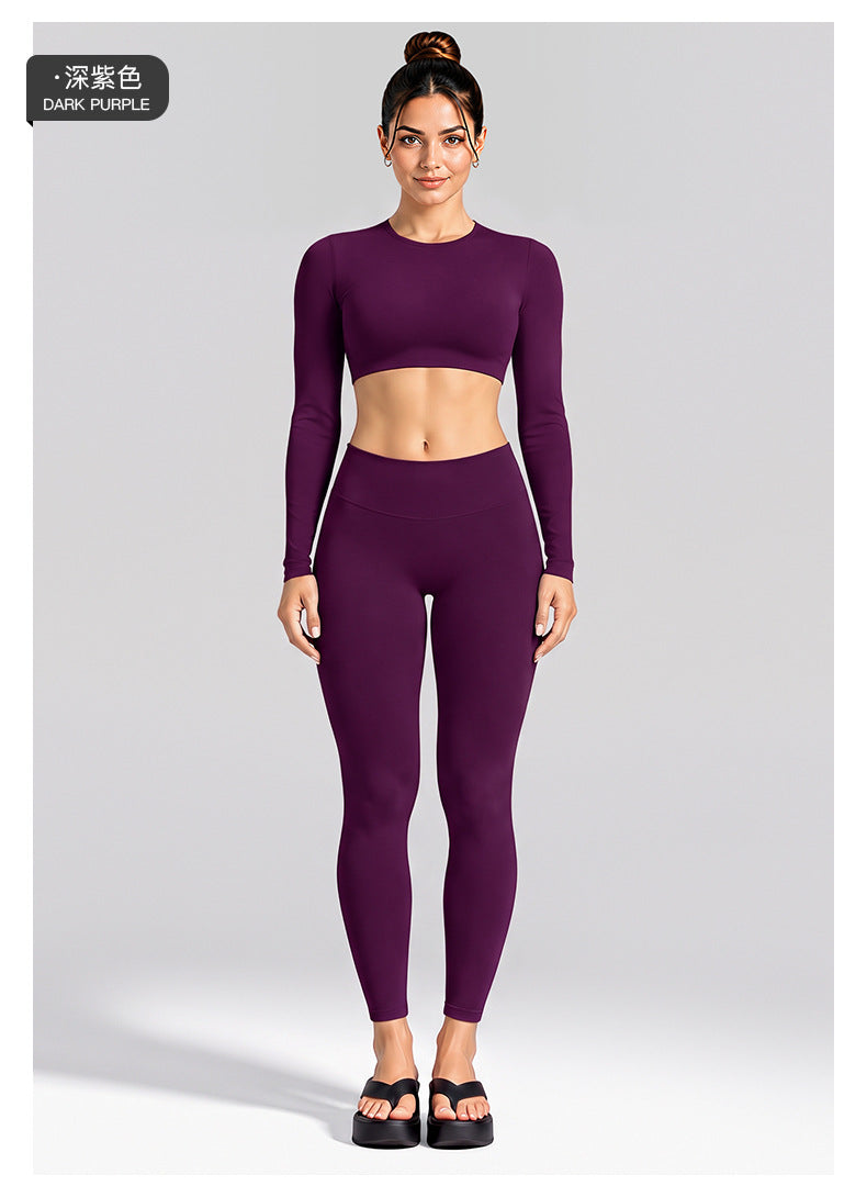 Wholesale Women’s Activewear Set | Cutout Back Long Sleeve Tee & High-Waisted Loose Pants | fouregg