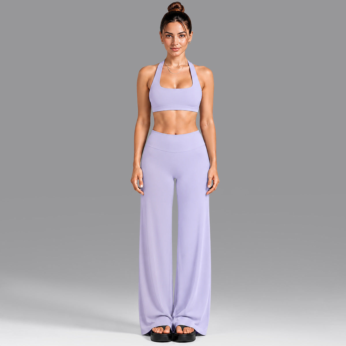 Wholesale Women’s Summer Activewear Set | Built-In Cup Halter Bra & Open-Back Pilates Outfit | fouregg - Underwear + Pants Southern Flower Purple