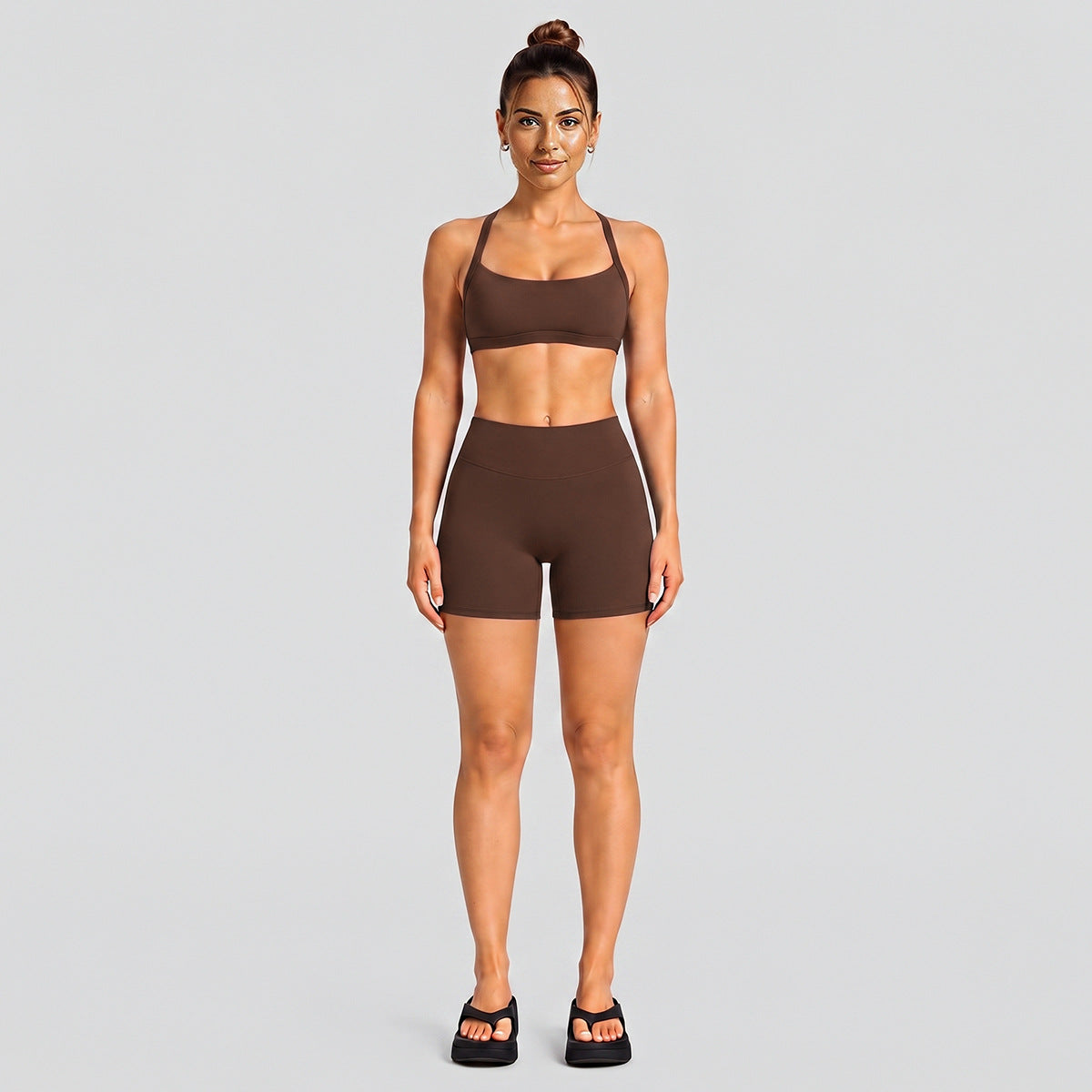 Wholesale Women’s Activewear Set | Halter Neck Sports Bra for Running, Cycling & Pilates | fouregg - Shorts Set, Dark Coffee Brown