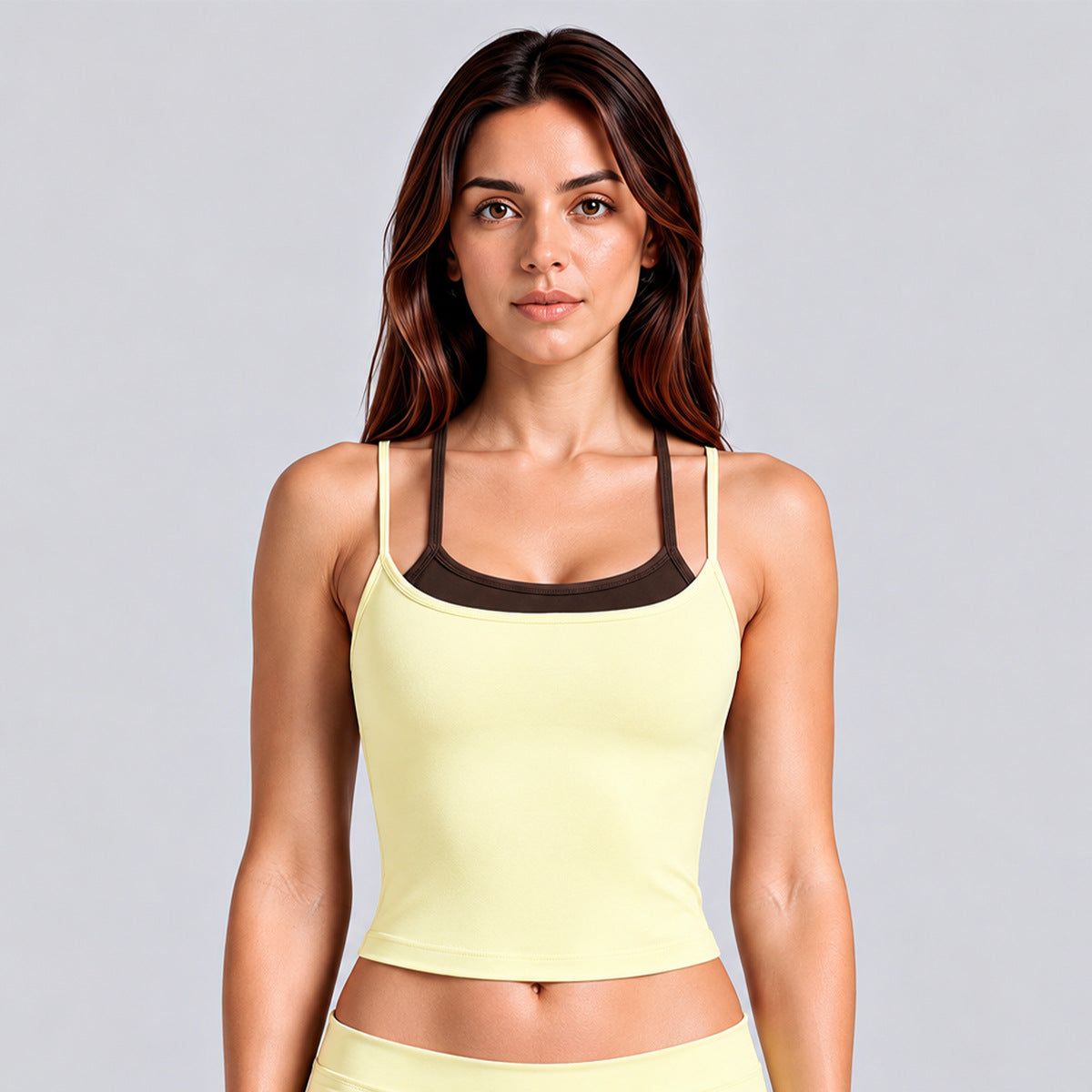 Wholesale Women’s Activewear Set | Layered Sports Tank & High-Waisted Workout Pants | fouregg - Tank top, Cream Yellow and Root Brown