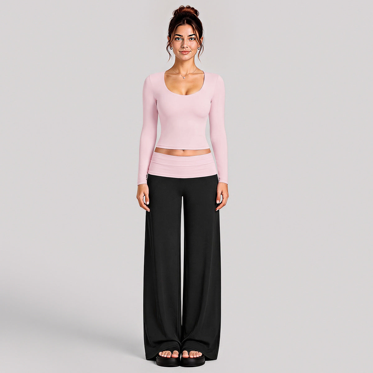 Wholesale Women’s Activewear Set | Color-Block Long Sleeve Tee & High-Waisted Training Pants | fouregg - Pink