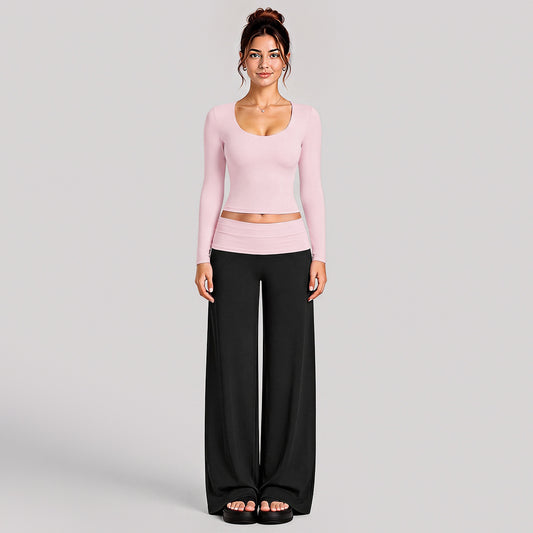 Wholesale Women’s Activewear Set | Color-Block Long Sleeve Tee & High-Waisted Training Pants | fouregg - Pink