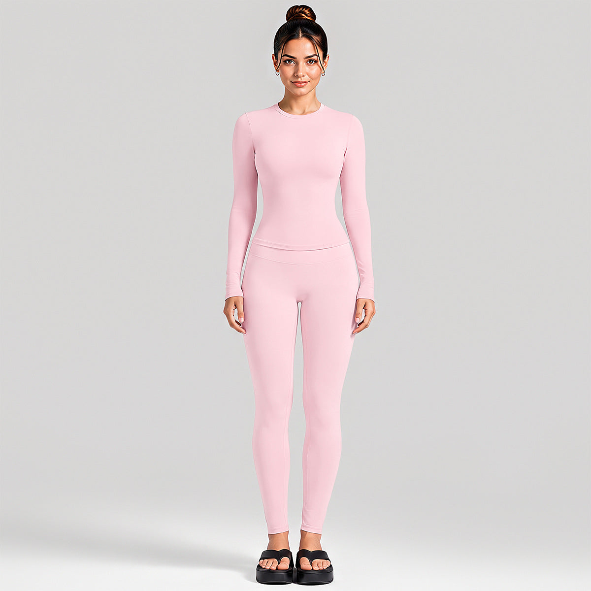 Wholesale Women’s Activewear Set | Fitted Long Sleeve Tee & Loose Straight-Leg Workout Trousers | fouregg - Long Sleeve + Leggings, Pink
