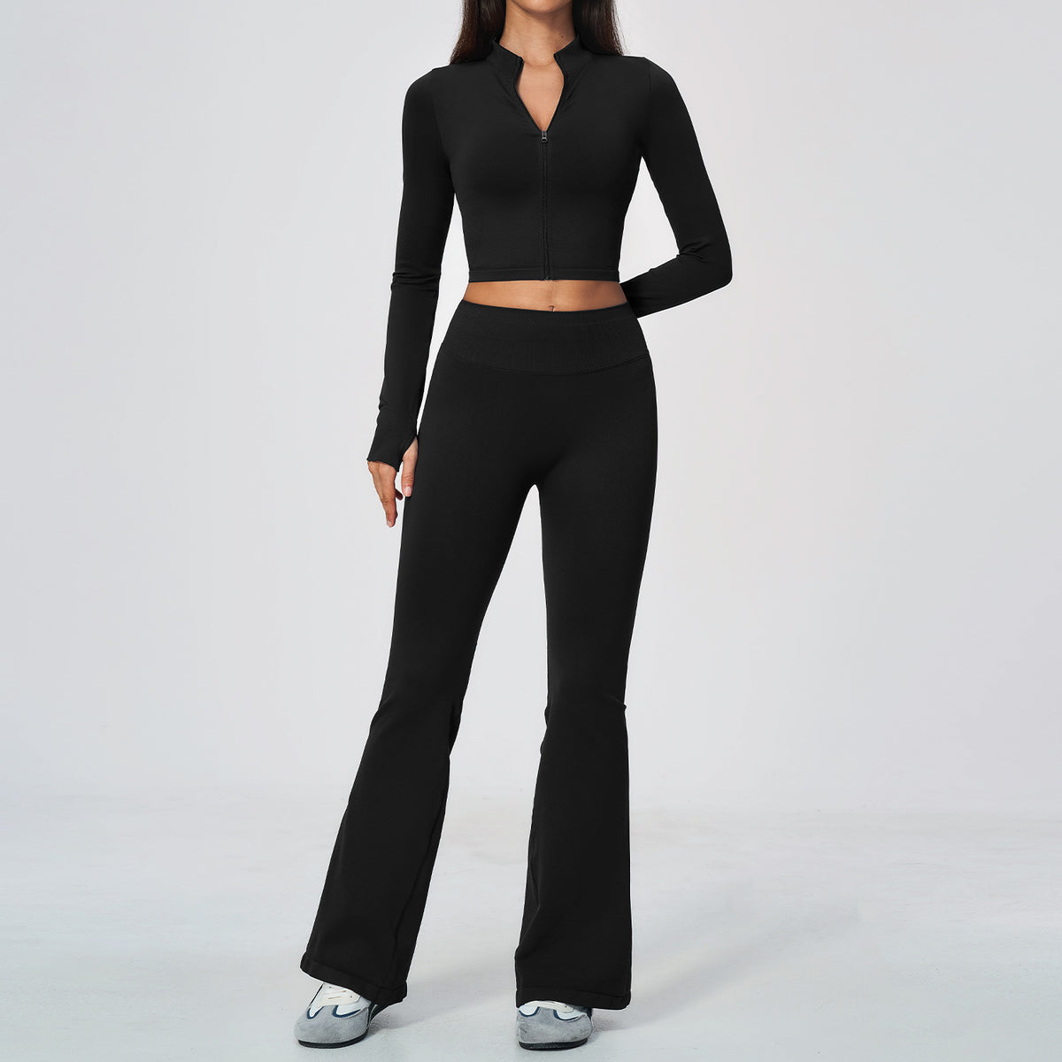 Wholesale Stand Collar Zip-Up Jacket & Flare Pants Yoga Set | Bulk Activewear Set 5112 | fouregg