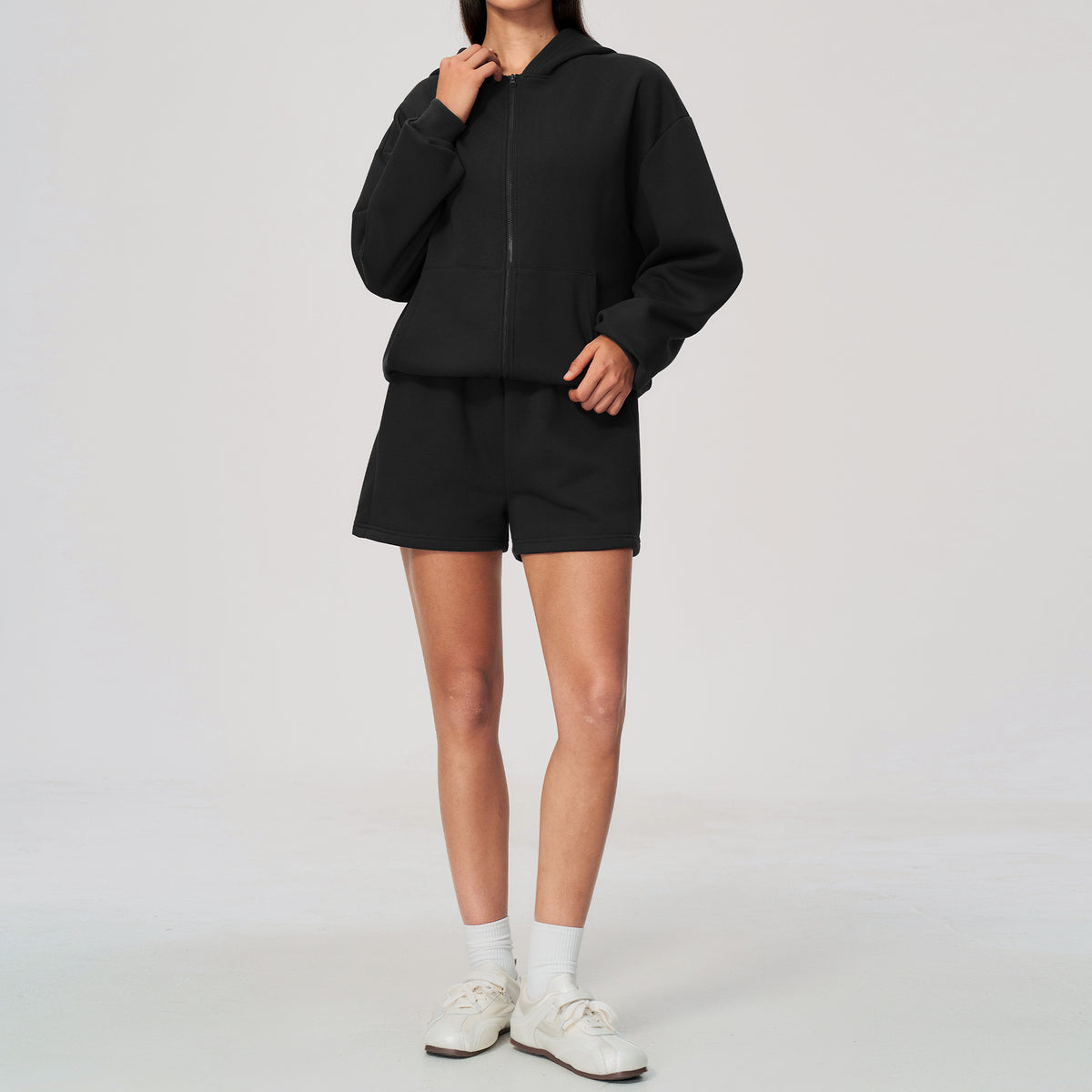 Wholesale Fleece Hoodie Set | Bulk Warm Zip-Up Jacket & Shorts Activewear | fouregg