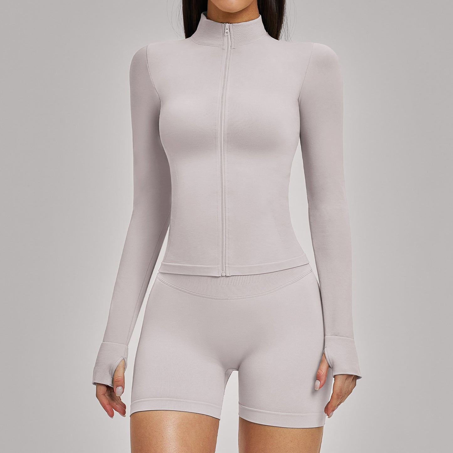 03/2026 Seamless stand-up collar zipper yoga set, windproof, slim fit, warm top, sports running set 7755