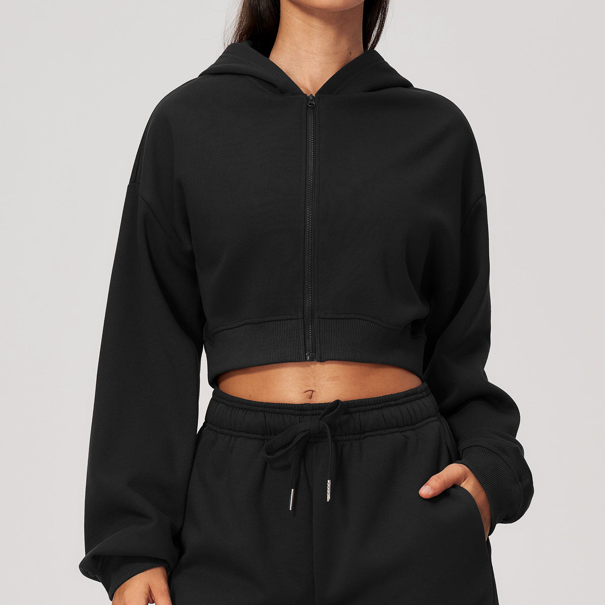 Wholesale Cropped Hoodie Jacket | Bulk Slim Fit Zip-Up Workout Activewear | fouregg