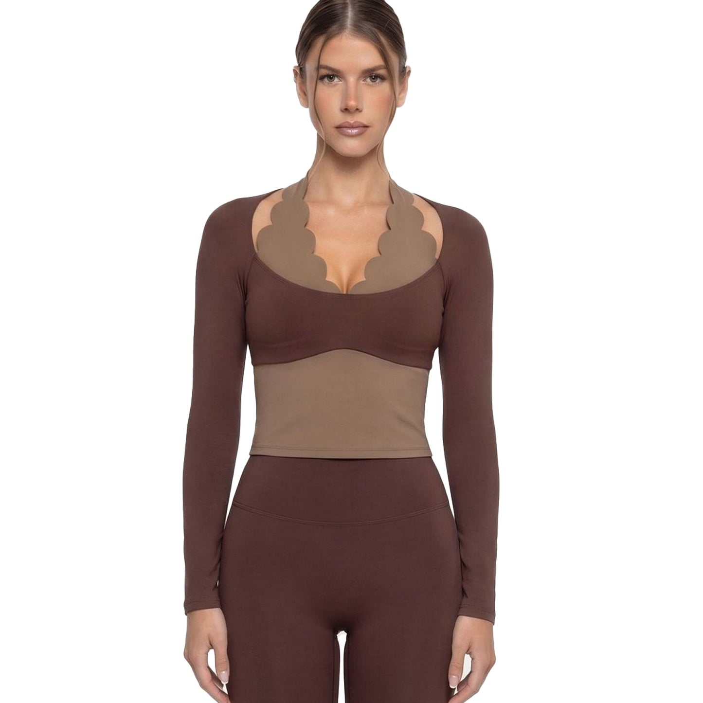 Wholesale Color-Block Frill Yoga Top | 2-in-1 Slim Long-Sleeve | Bulk | fouregg