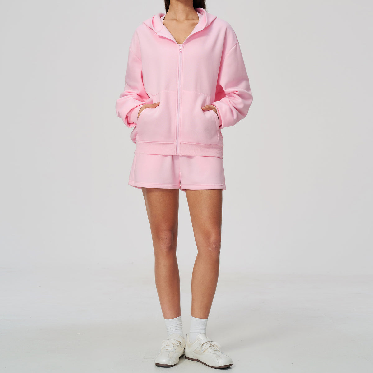 Wholesale Fleece Hoodie Set | Bulk Warm Zip-Up Jacket & Shorts Activewear | fouregg