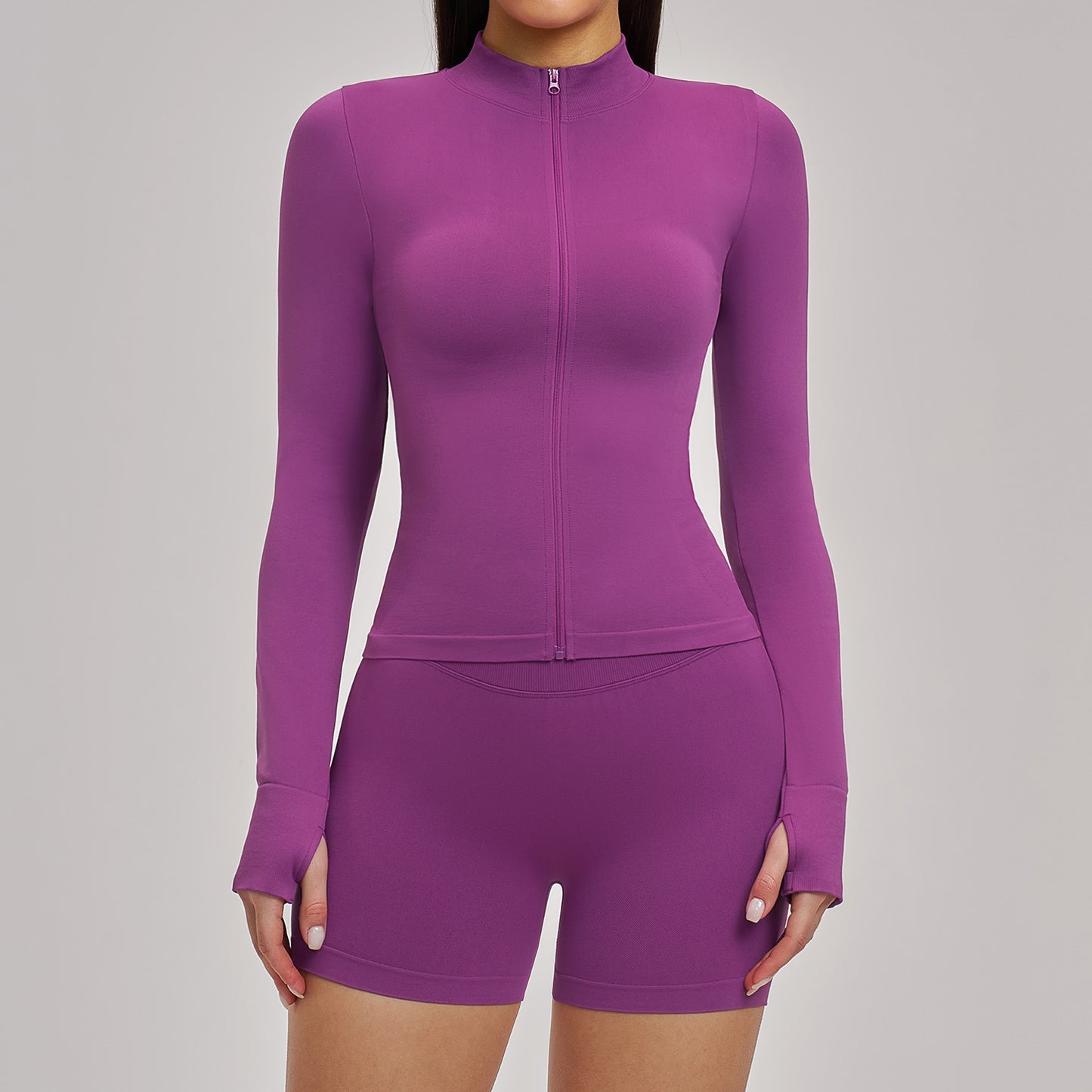 03/2026 Seamless stand-up collar zipper yoga set, windproof, slim fit, warm top, sports running set 7755