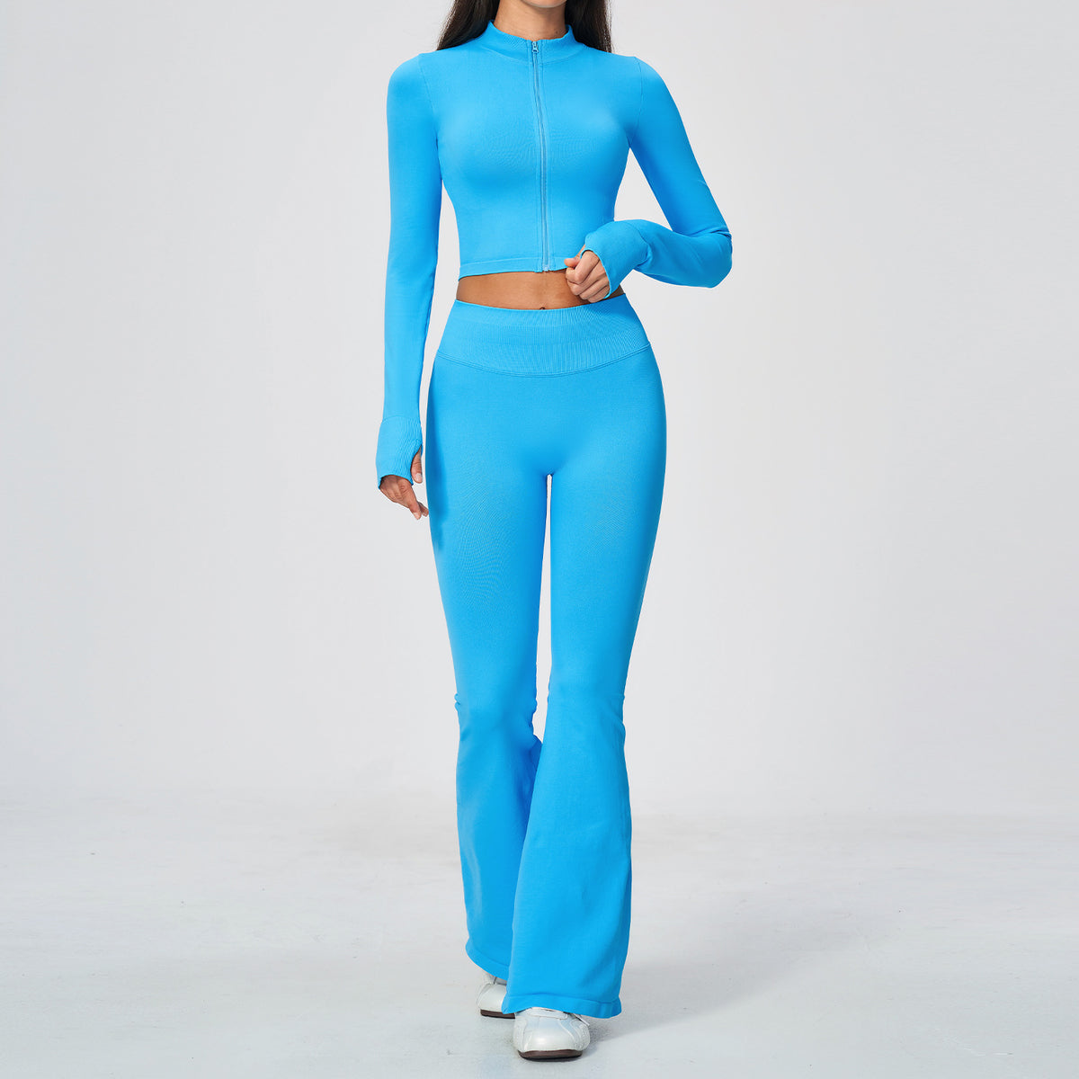 Wholesale Stand Collar Zip-Up Jacket & Flare Pants Yoga Set | Bulk Activewear Set 5112 | fouregg