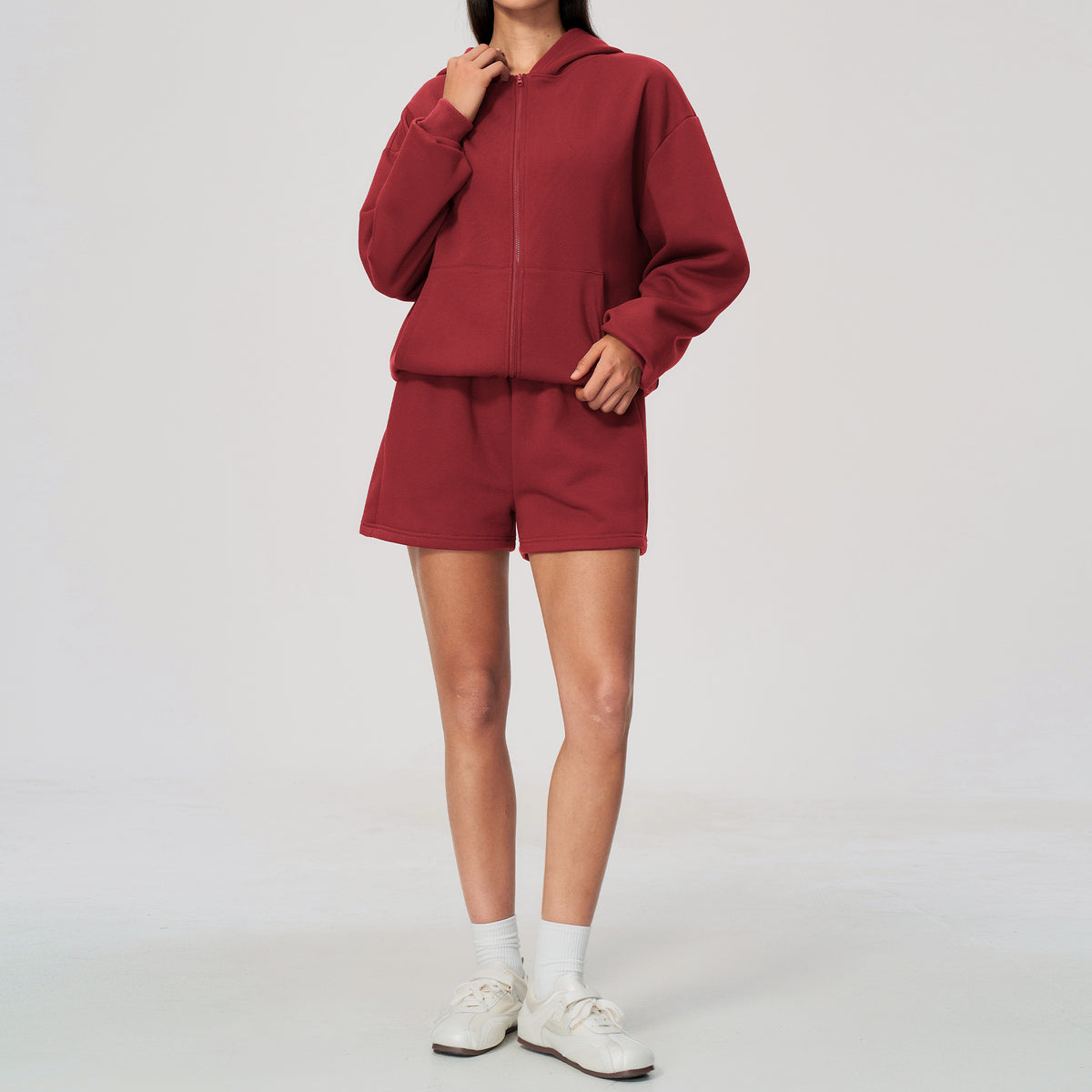 Wholesale Fleece Hoodie Set | Bulk Warm Zip-Up Jacket & Shorts Activewear | fouregg