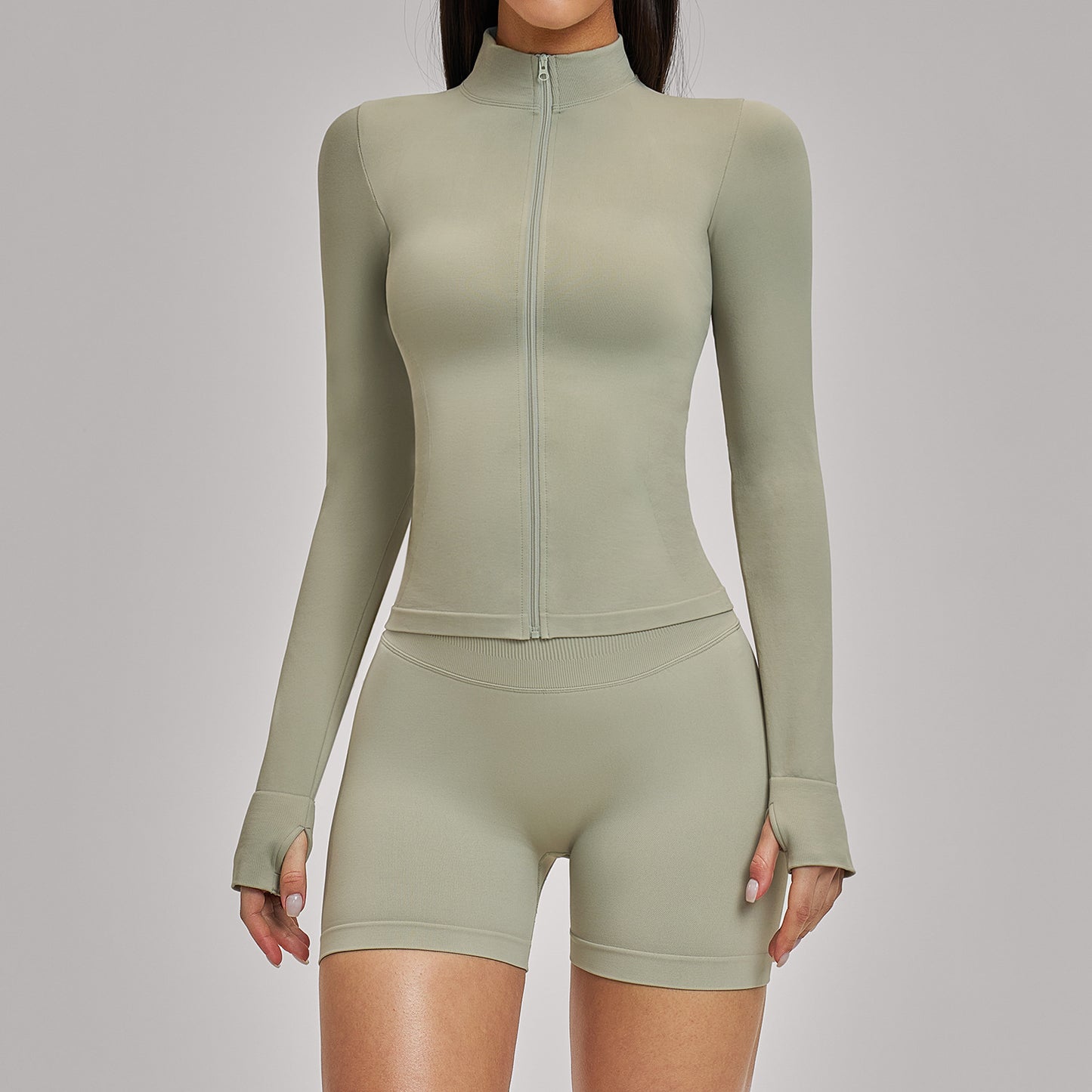 03/2026 Seamless stand-up collar zipper yoga set, windproof, slim fit, warm top, sports running set 7755