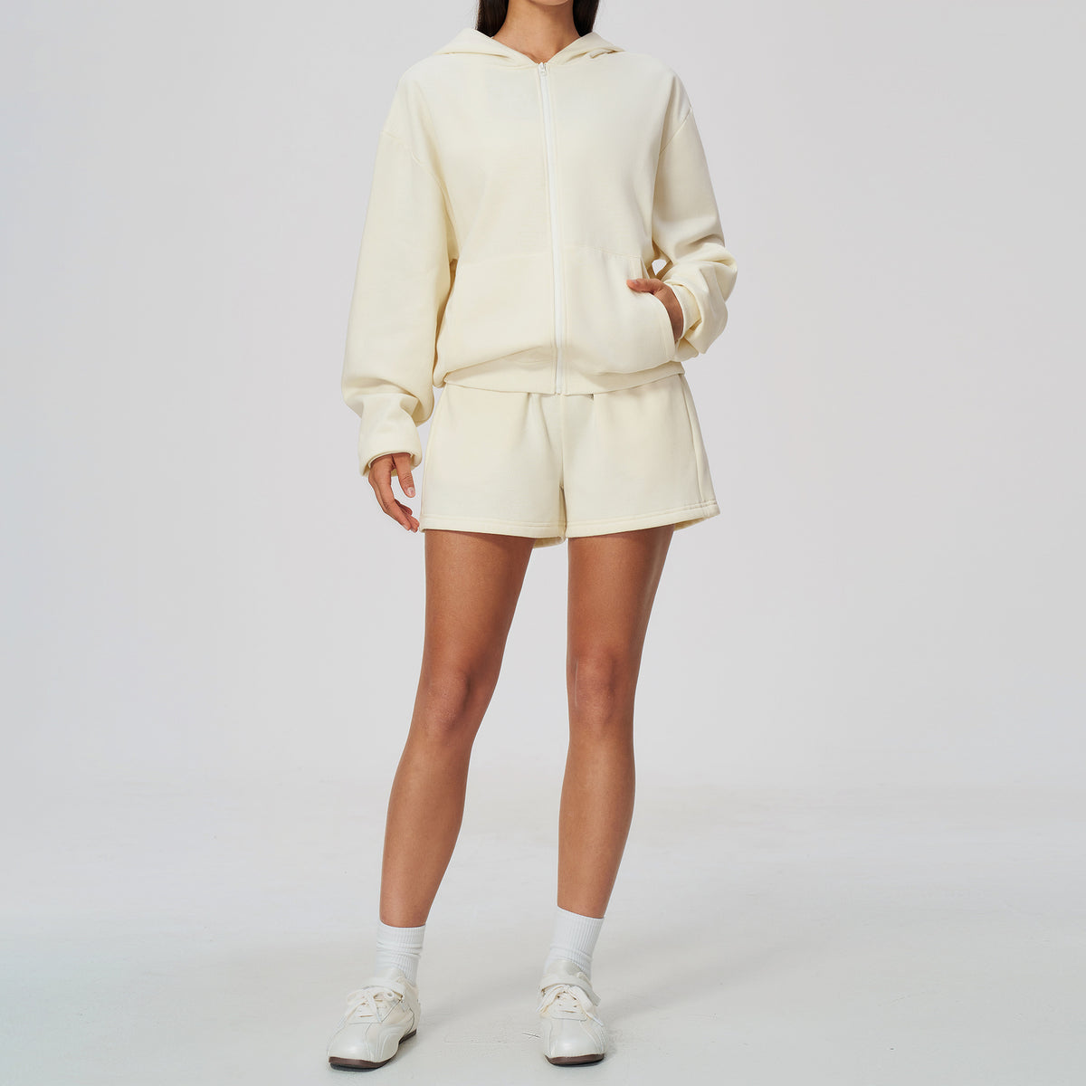 Wholesale Fleece Hoodie Set | Bulk Warm Zip-Up Jacket & Shorts Activewear | fouregg