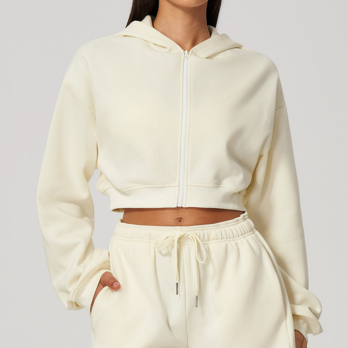 Wholesale Cropped Hoodie Jacket | Bulk Slim Fit Zip-Up Workout Activewear | fouregg