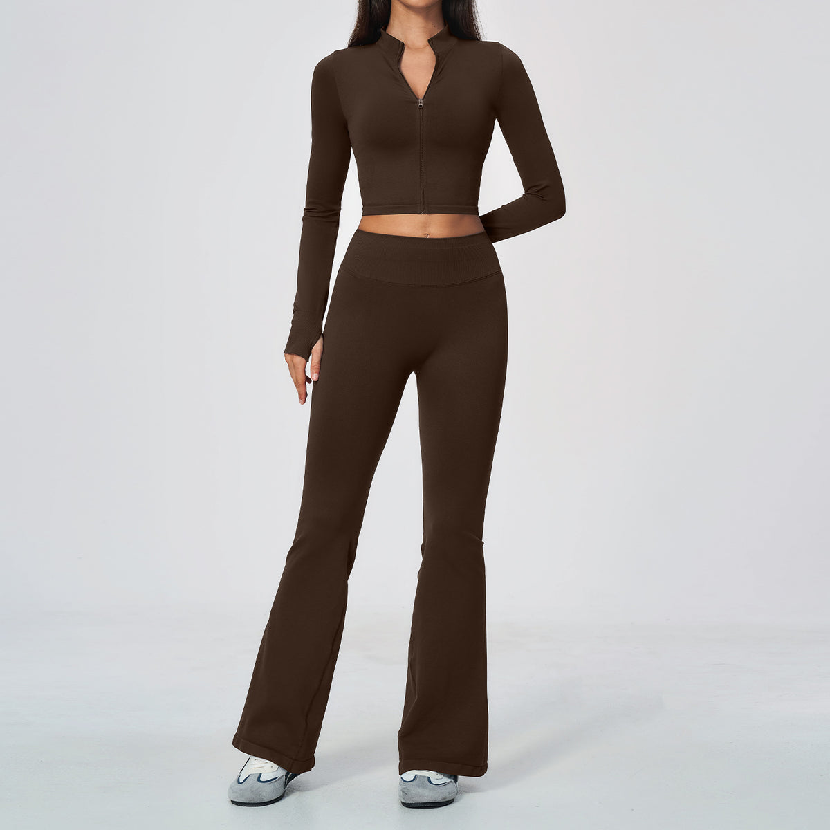 Wholesale Stand Collar Zip-Up Jacket & Flare Pants Yoga Set | Bulk Activewear Set 5112 | fouregg