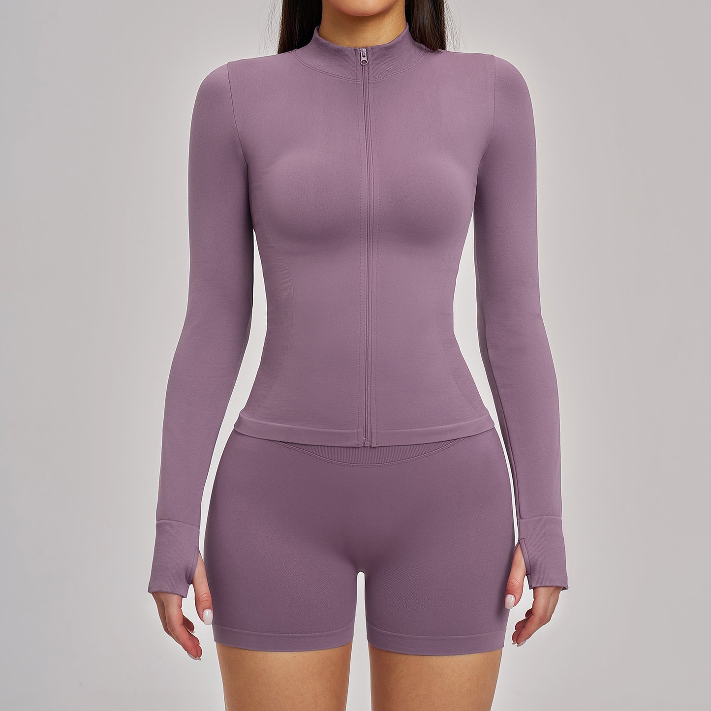 03/2026 Seamless stand-up collar zipper yoga set, windproof, slim fit, warm top, sports running set 7755