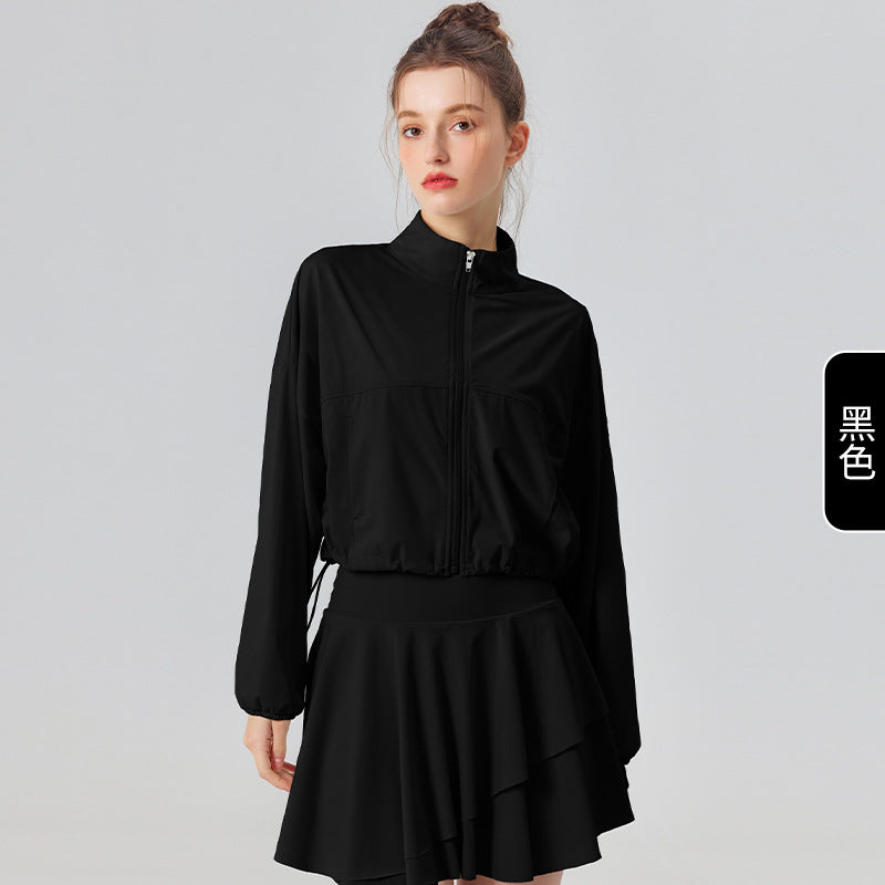 Cool feeling sunscreen long-sleeved thin section quick-drying zipper stand collar sports jacket women's loose breathable short section and waist sunscreen clothing