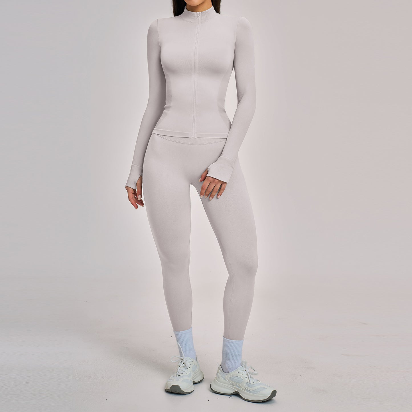 03/2026 Seamless stand-up collar zipper yoga set, windproof, slim fit, warm top, sports running set 7755