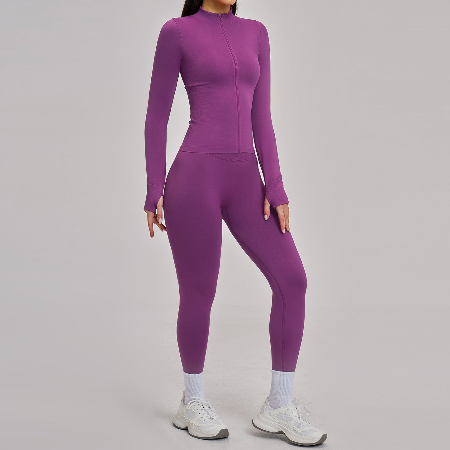 03/2026 Seamless stand-up collar zipper yoga set, windproof, slim fit, warm top, sports running set 7755