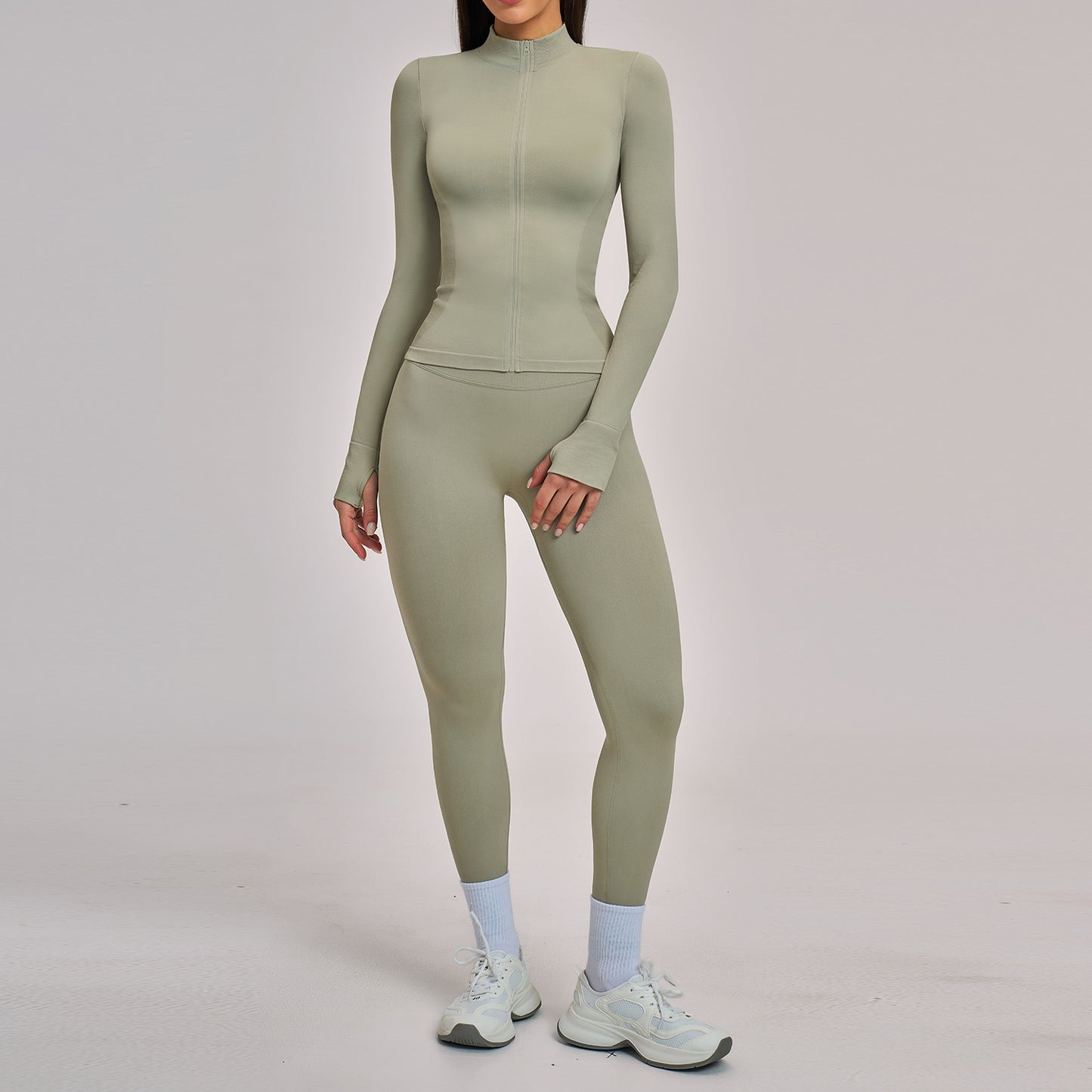 03/2026 Seamless stand-up collar zipper yoga set, windproof, slim fit, warm top, sports running set 7755