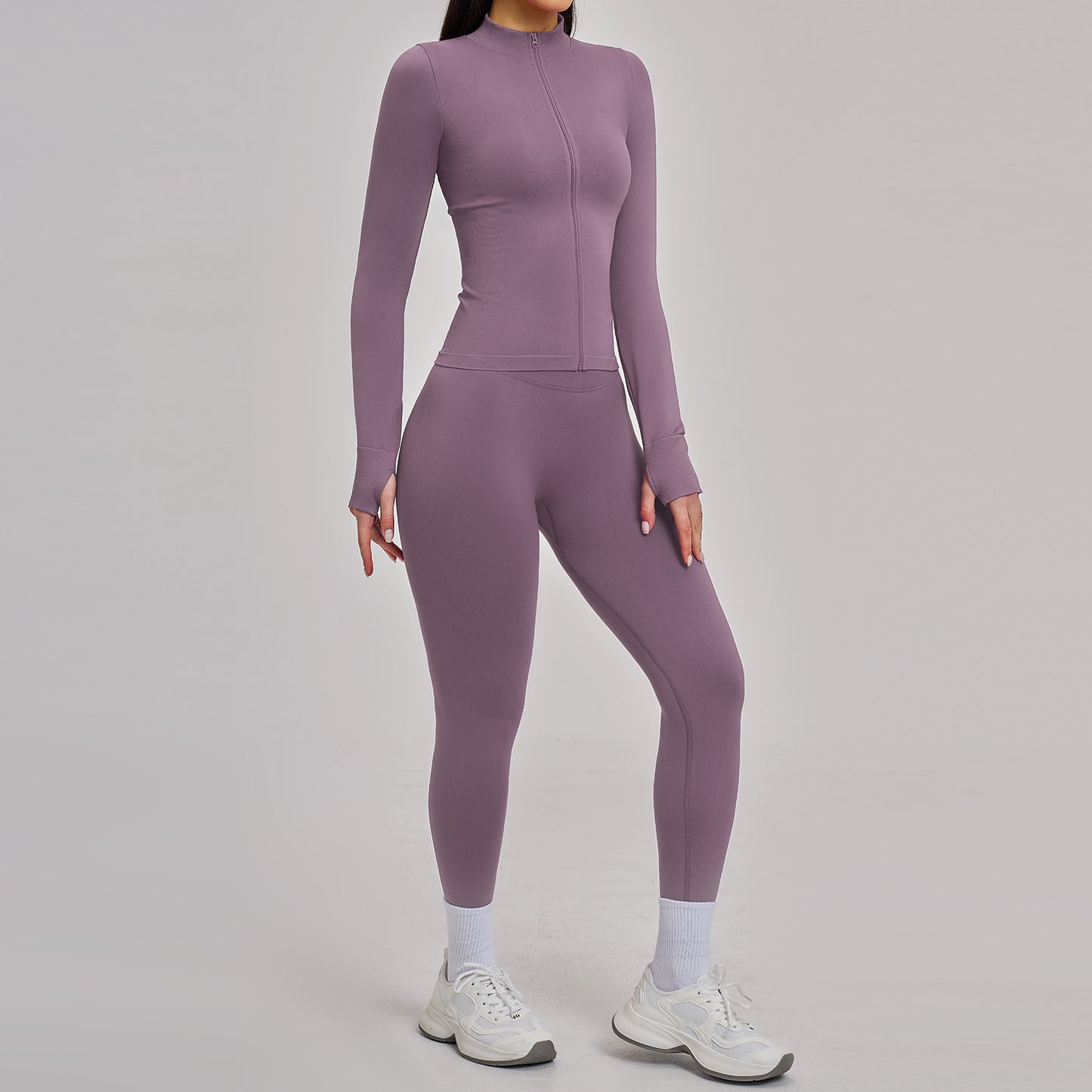 03/2026 Seamless stand-up collar zipper yoga set, windproof, slim fit, warm top, sports running set 7755