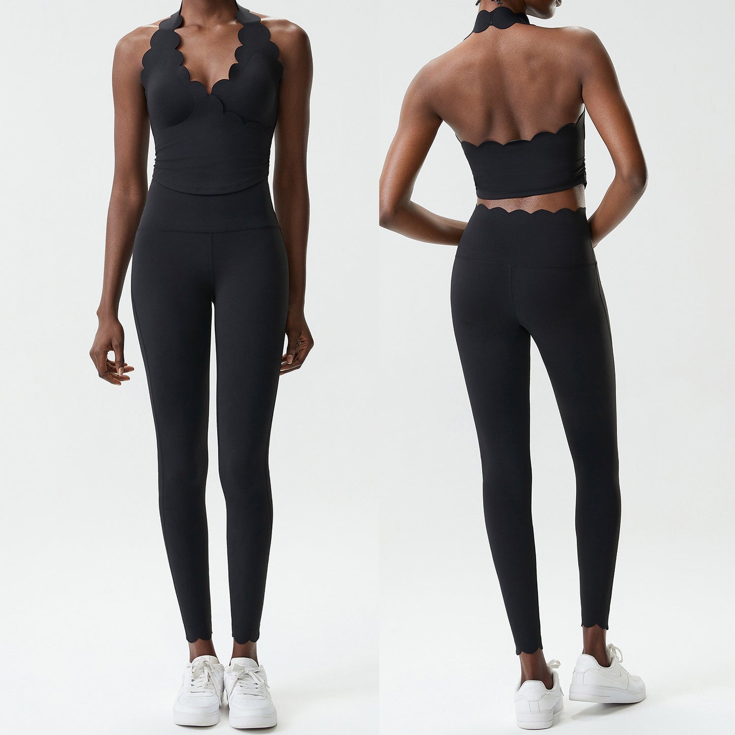 01/2026 Conjunto de ropa de yoga de talla grande, ajustado, con cuello halter y un sutil toque nude, conjunto deportivo de dos piezas para mujer.