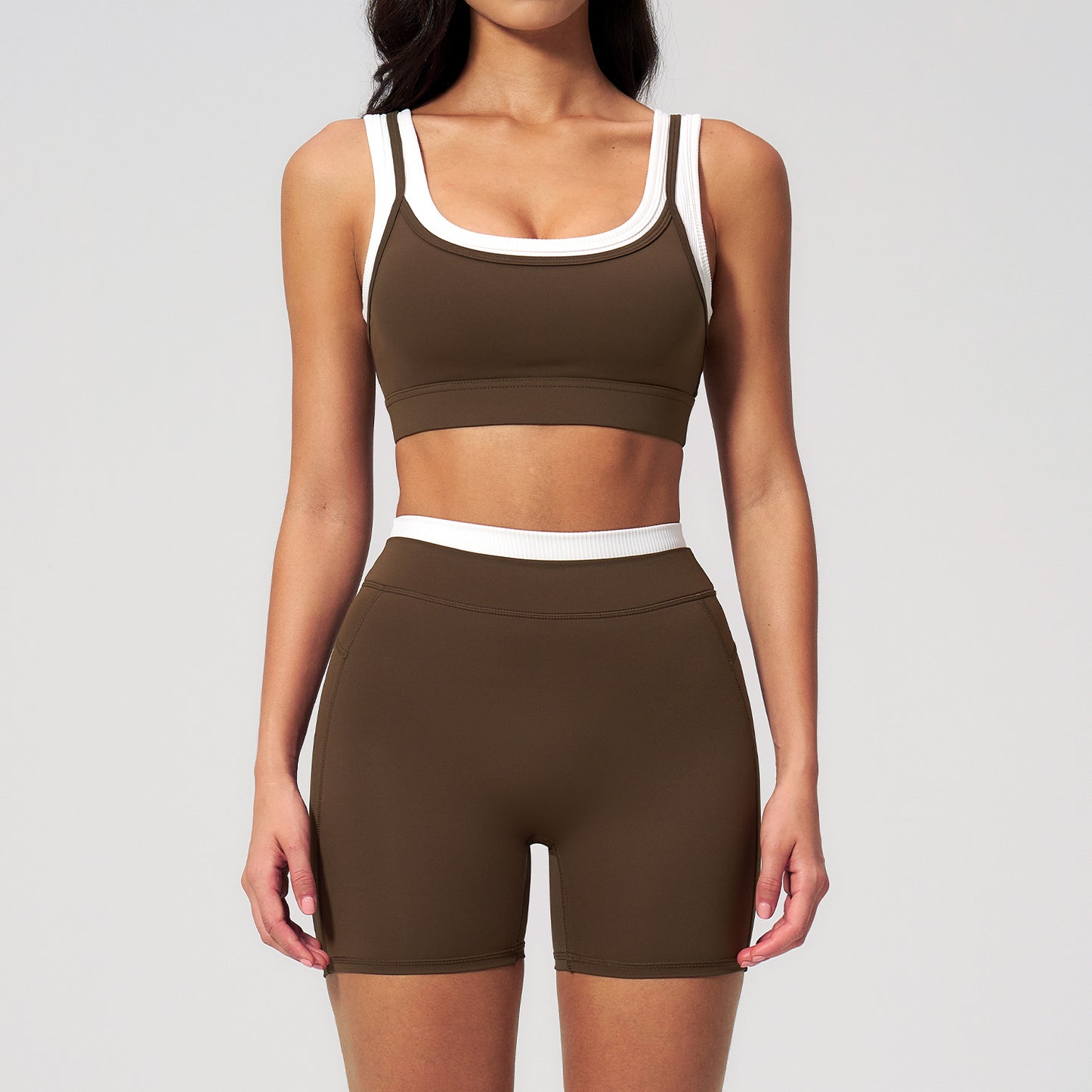 10/2025  TZ3129 link-1 Two-piece color-blocked nude-feel yoga set for women, ribbed high-waisted casual versatile fitness sports set 3129